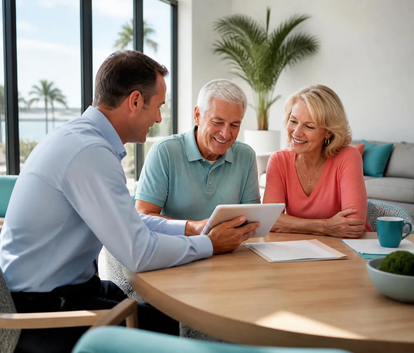 An insurance agent at a table talking through options with a smiling older couple
