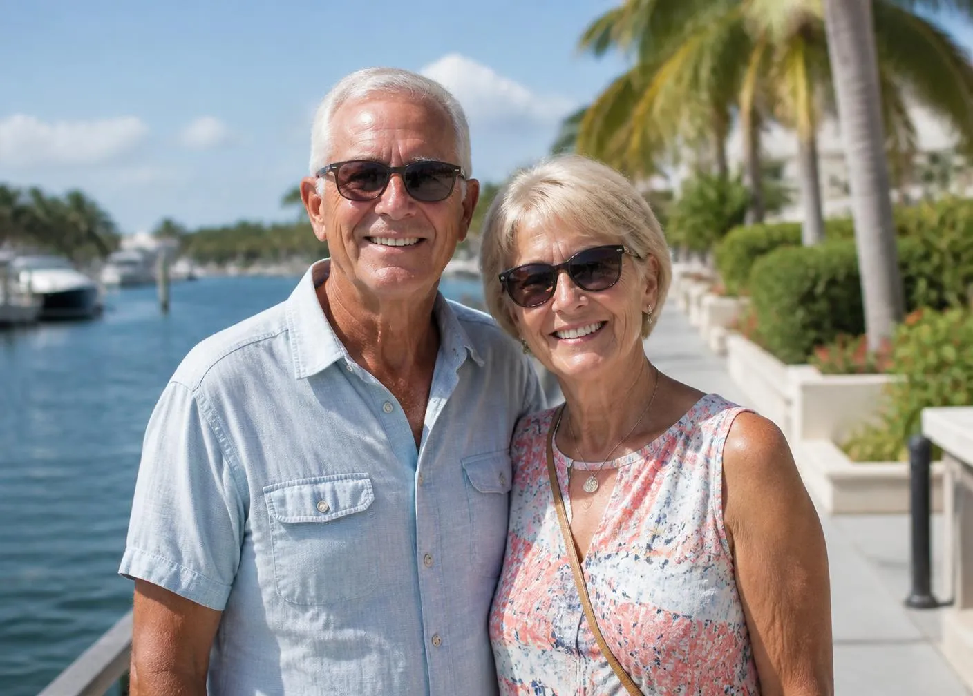 An older couple walking together on a palm-lined path beside a lake