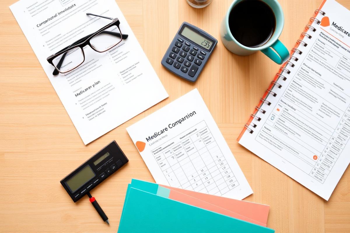 Medicare plan comparison paperwork and notes on a Tampa desk